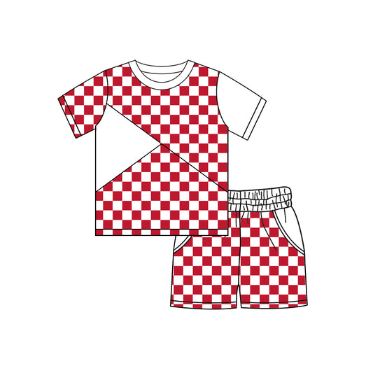 Short sleeves red plaid top shorts kids boys team outfits