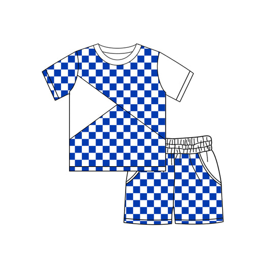 Short sleeves blue plaid top shorts kids boys team outfits