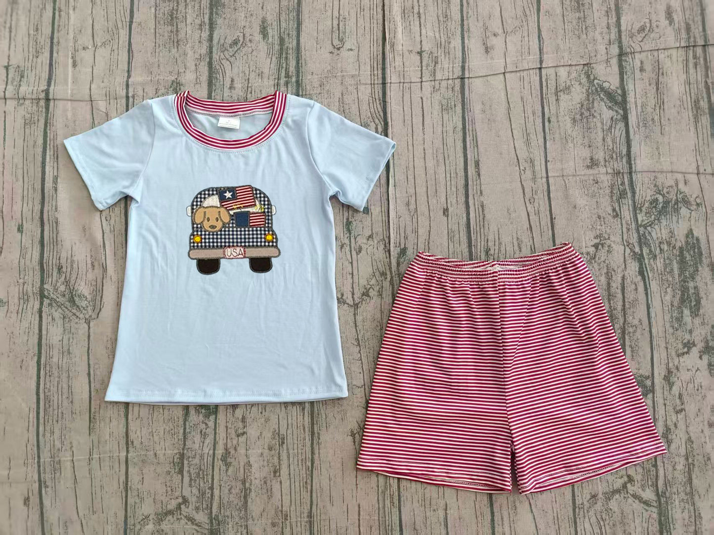 Dog flag truck embroidery kids boys 4th of july outfits