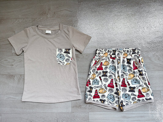 Grey short sleeves pocket top tools shorts boys outfit
