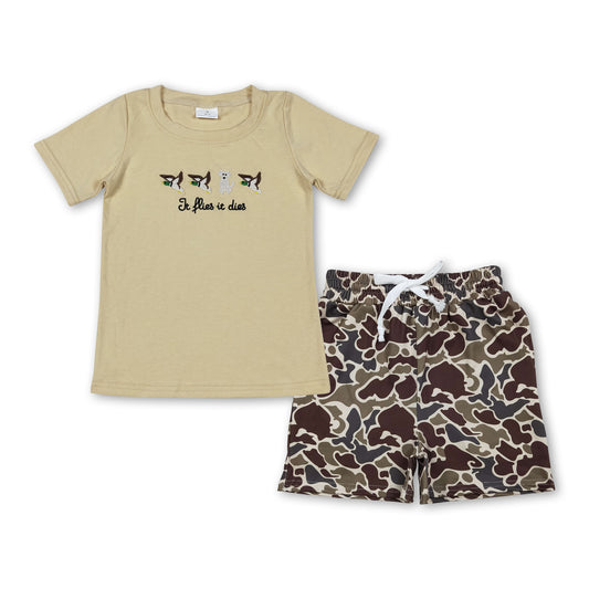 Duck dog embroidery top camo shorts kids boys outfits