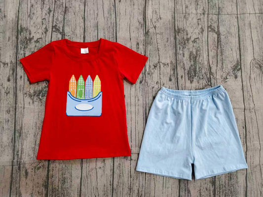 Red crayon embroidery top shorts boys back to school outfits