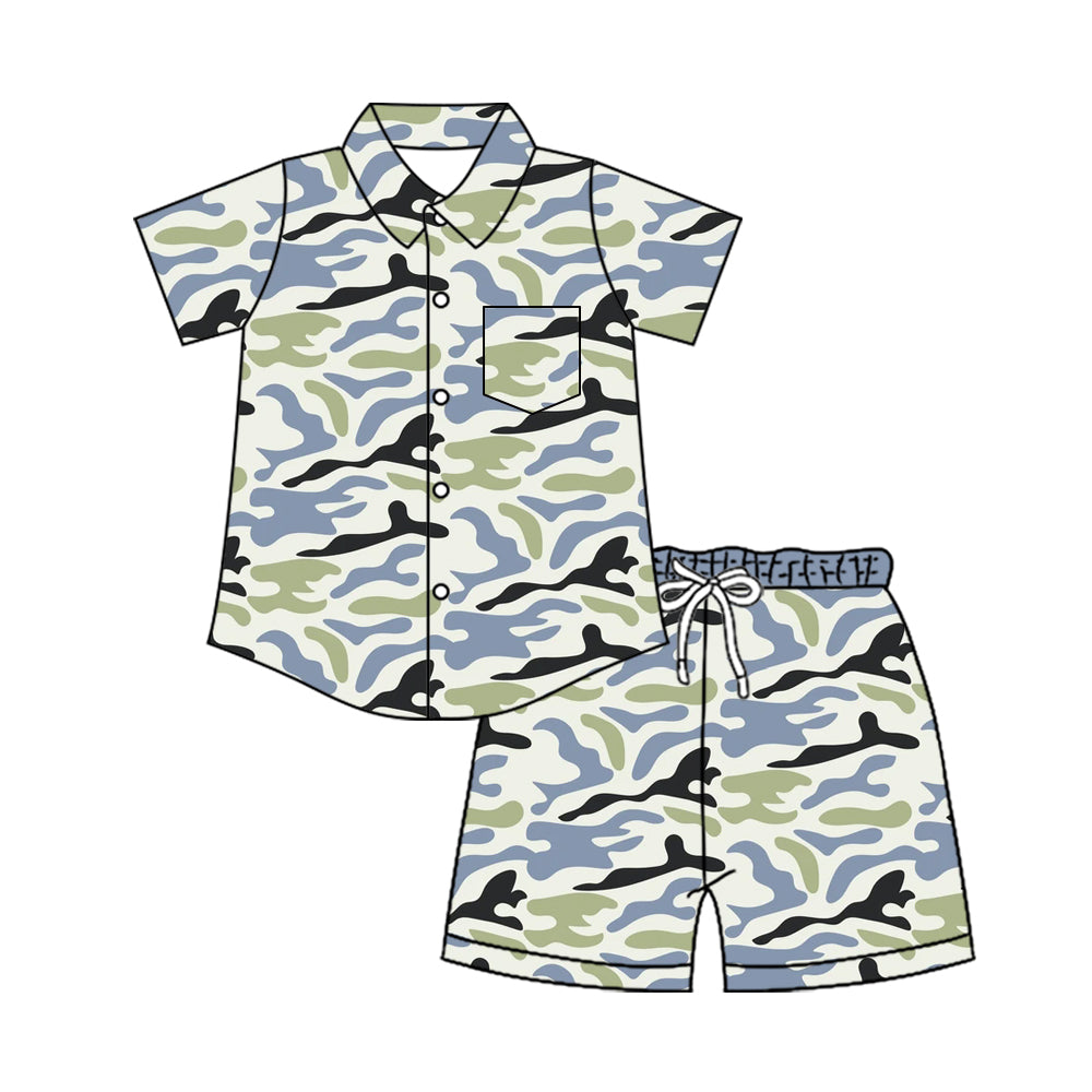 Green blue camo button down shirt shorts boys outfits
