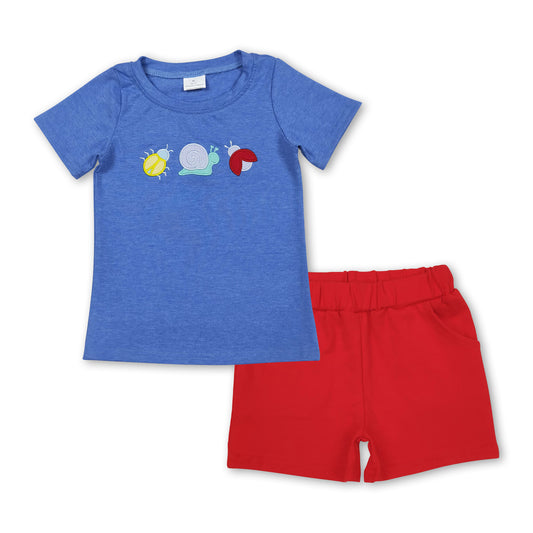 Blue snail embroidery top shorts kids boys outfits