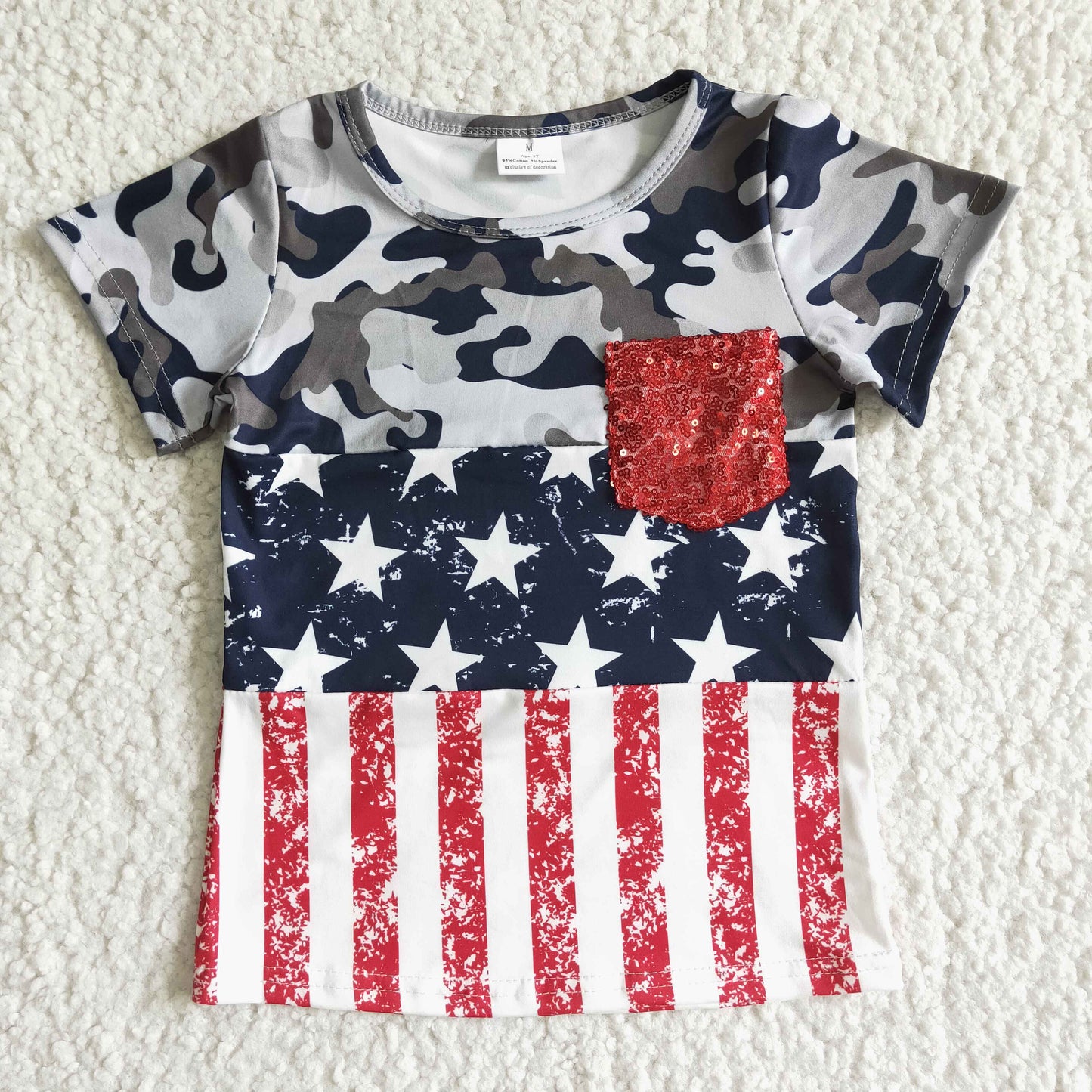 Camo star and stripe pocket girls 4th of july shirt