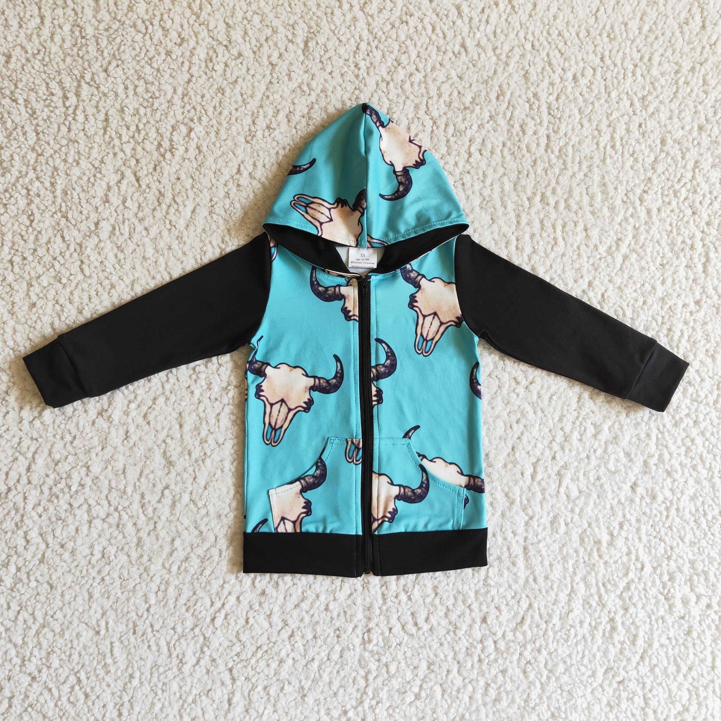 Cow aqua zipper western hoodie jacket