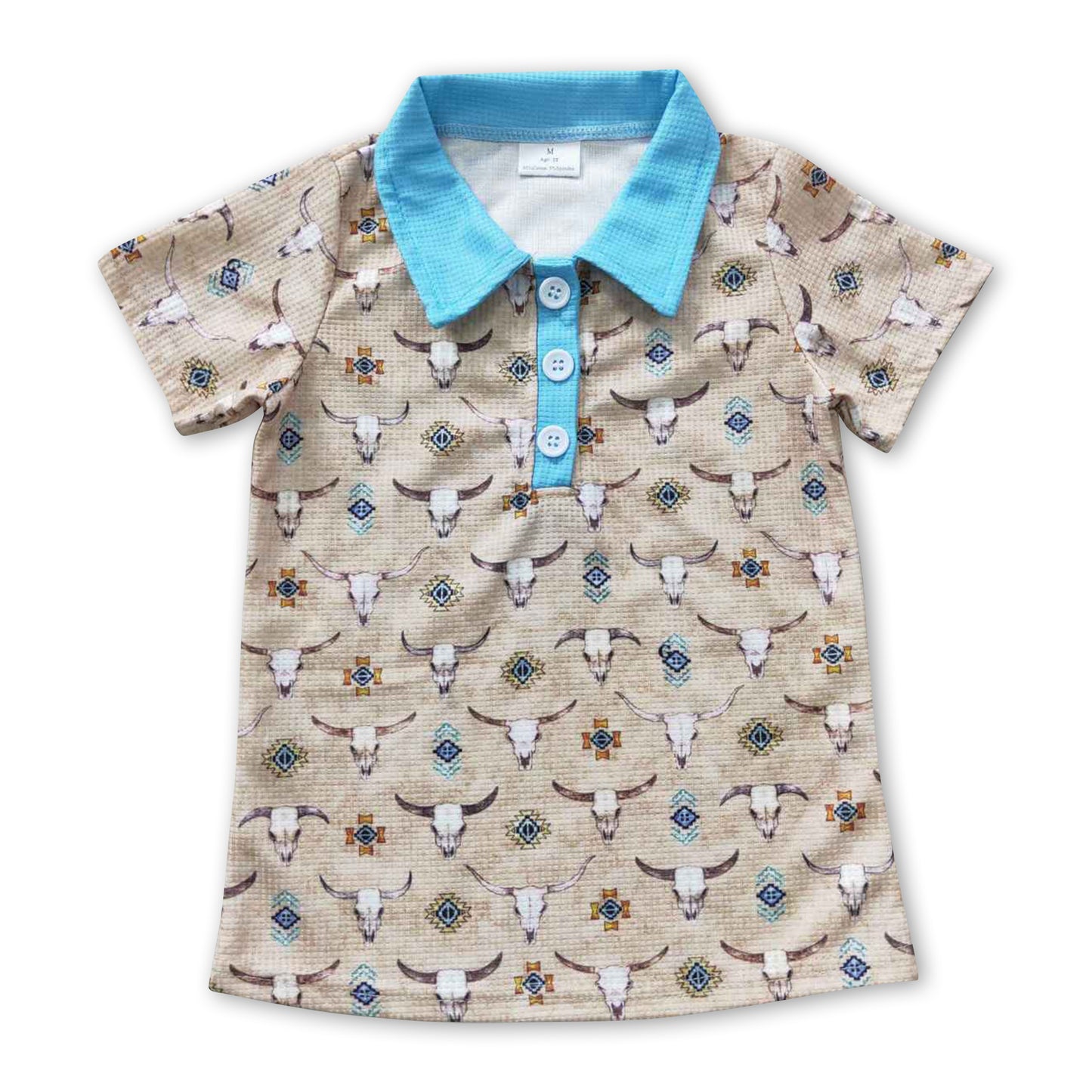 Bull skull waffle milk silk kids boy western polo shirt