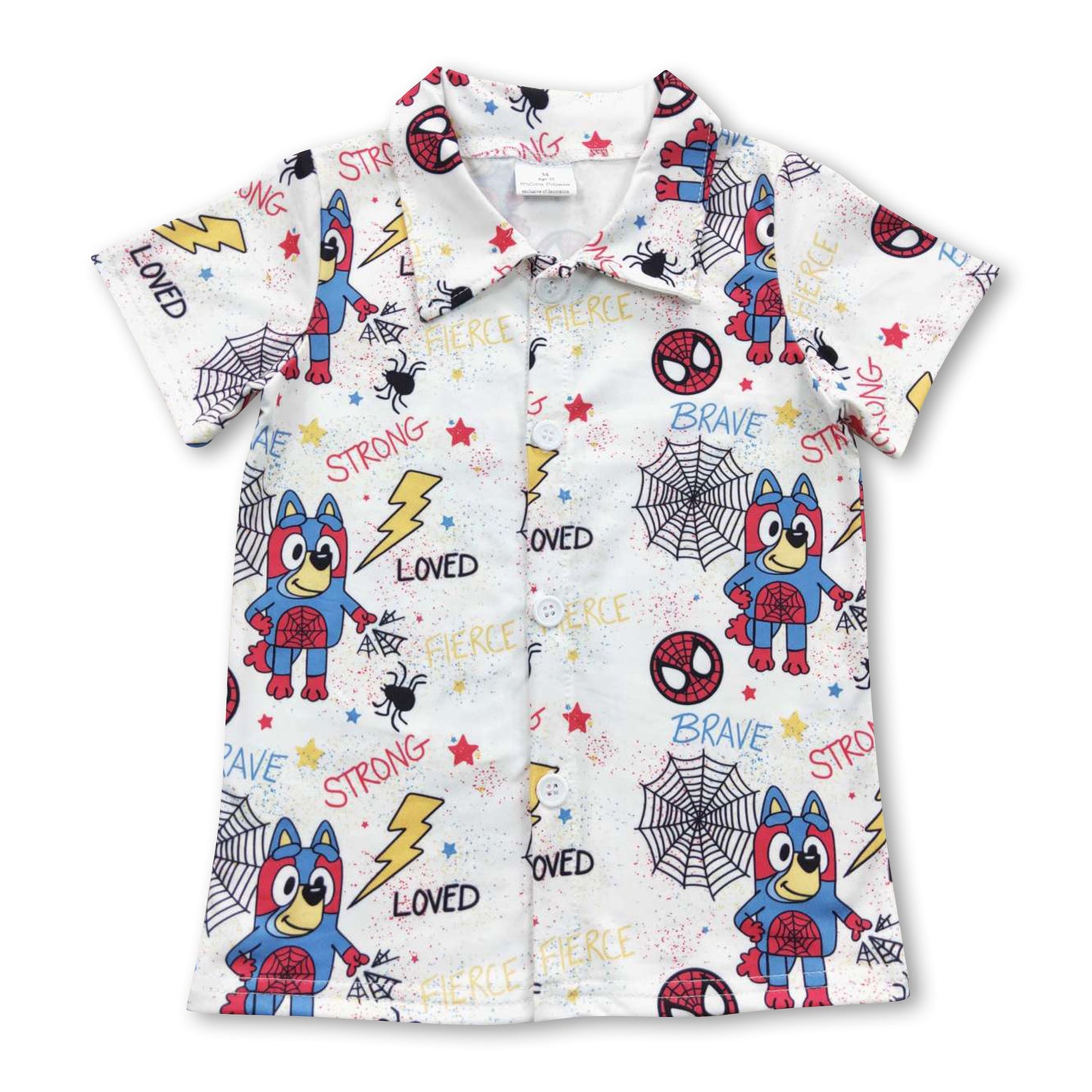 Blue dog spider kids boy button up shirt