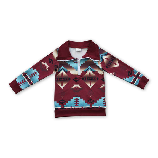 Turquoise brown aztec kids western zipper pullover