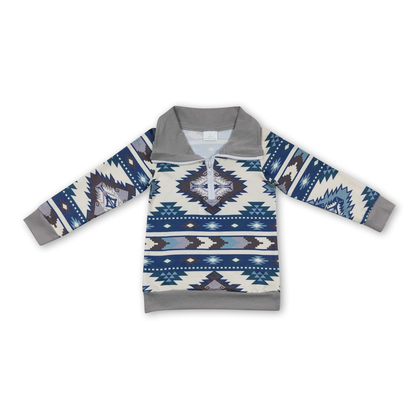 Blue grey aztec long sleeves kids western zipper pullover