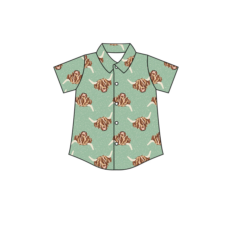 Highland cow short sleeves kids boy button up shirt