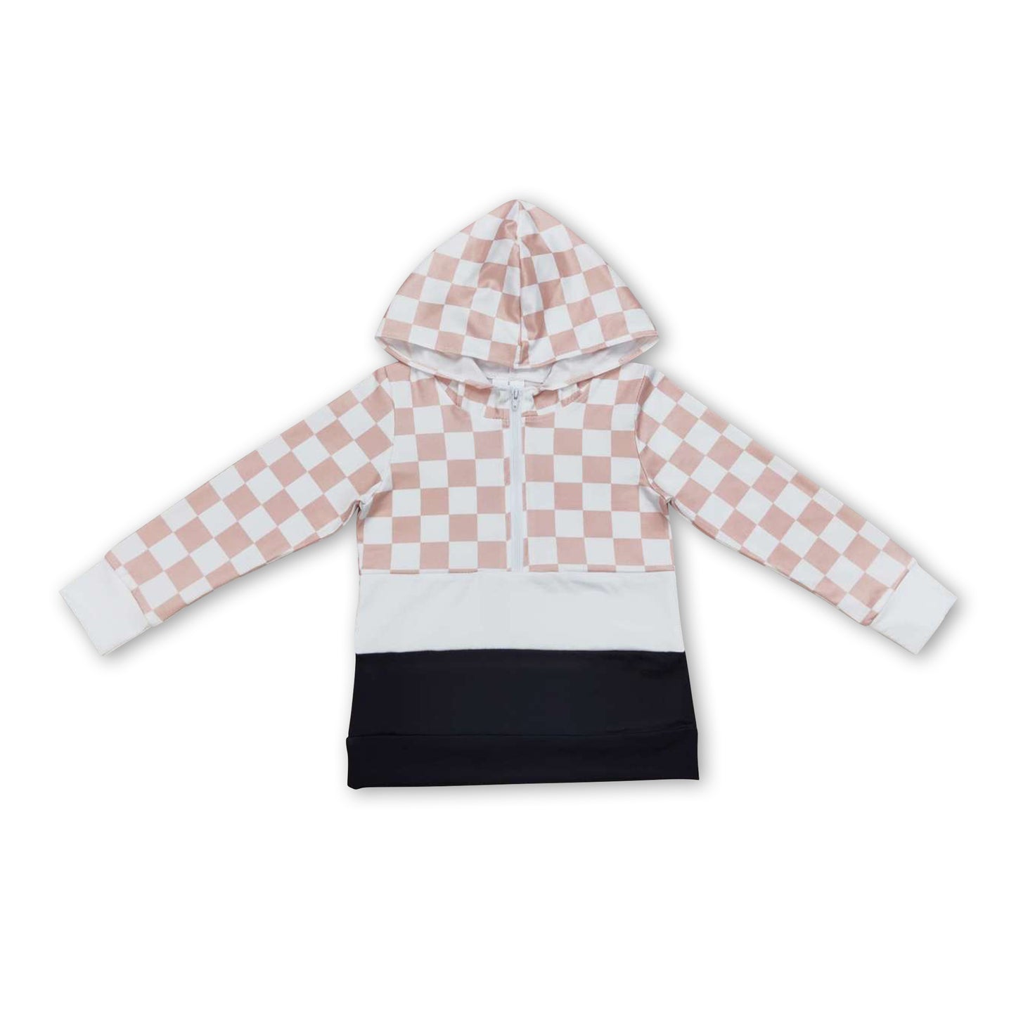 Plaid white black patchwork kids zipper pullover