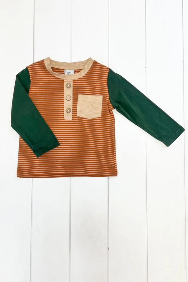 Brown stripe olive long sleeves pocket baby boy clothes