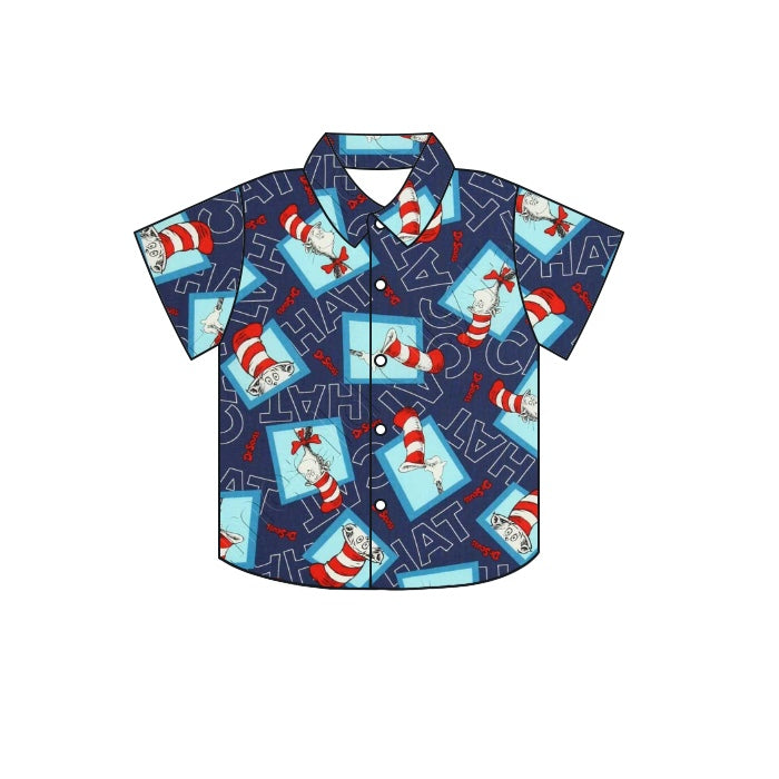 Blue cat short sleeves kids boy button down shirt