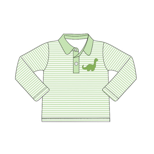 Long sleeves green stripe dinosaur kids boy polo shirt