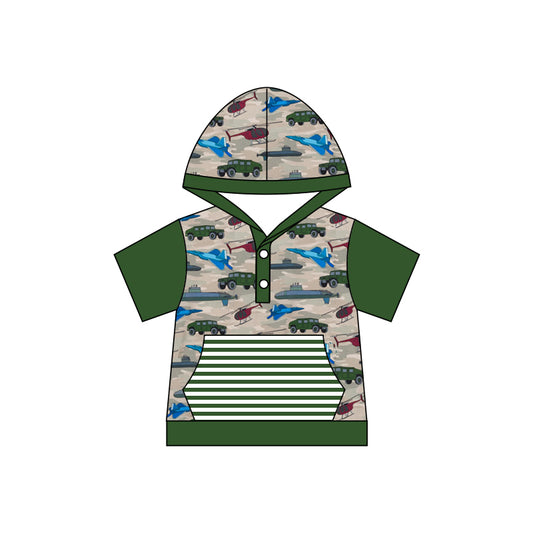 Green pocket short sleeves Transportation kids boy hoodie