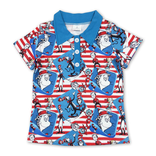 Blue red stripe cat hat short leeves kids boy polo shirt