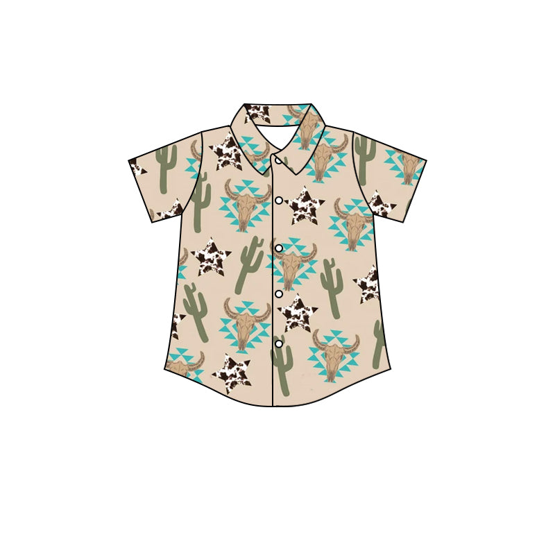 Bull skull cactus aztec western boys button down shirt