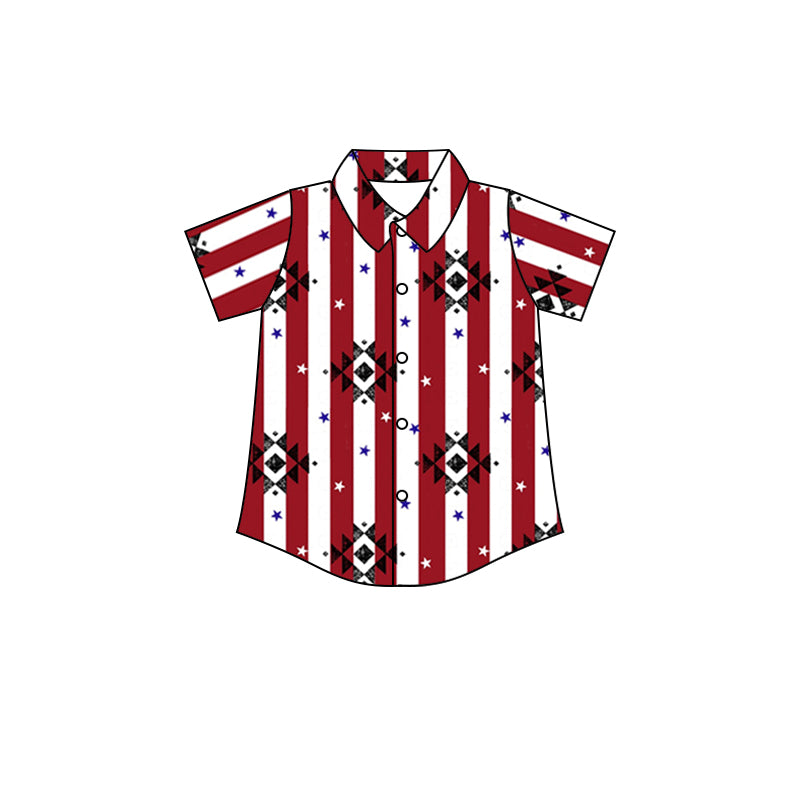 Short sleeves red stripe aztect boys button down shirt