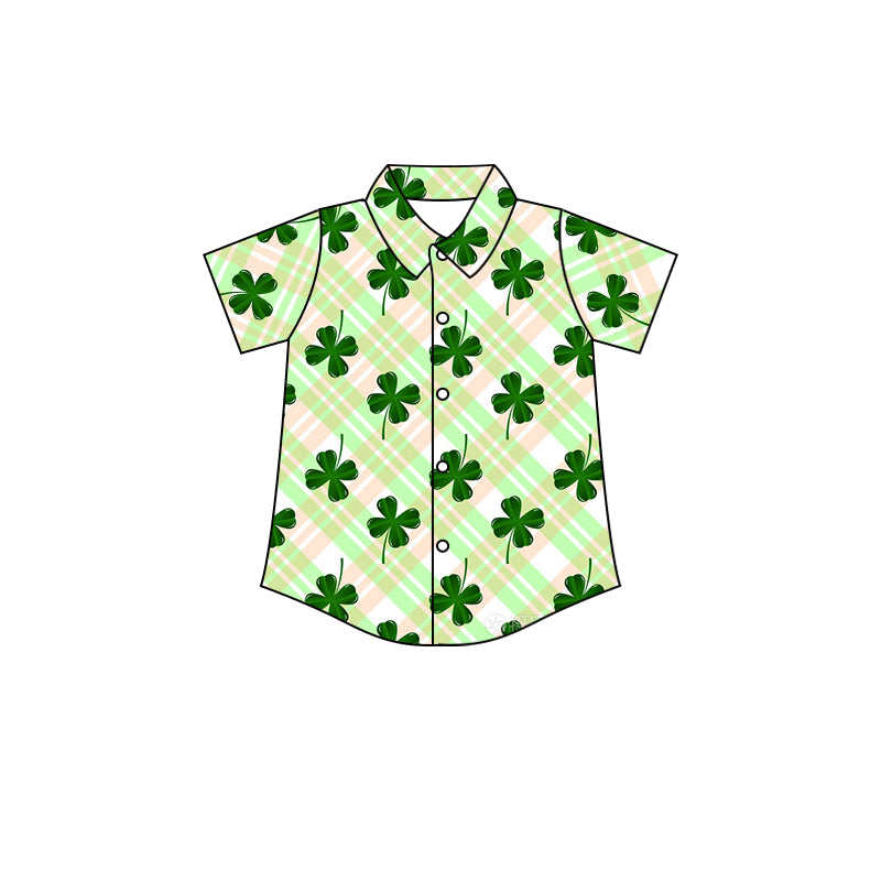 Green plaid clover kids boys st patrick's day button down shirt