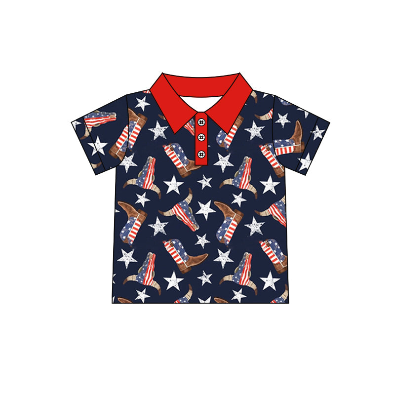 Boots bull skull star boys 4th of july polo shirt