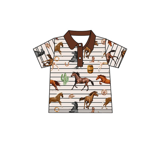 Brown stripe horse cactus short sleeves boys polo shirt