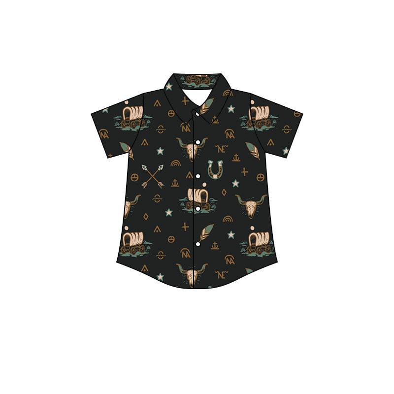 Short sleeves bull skull arrow kids boys button down shirt