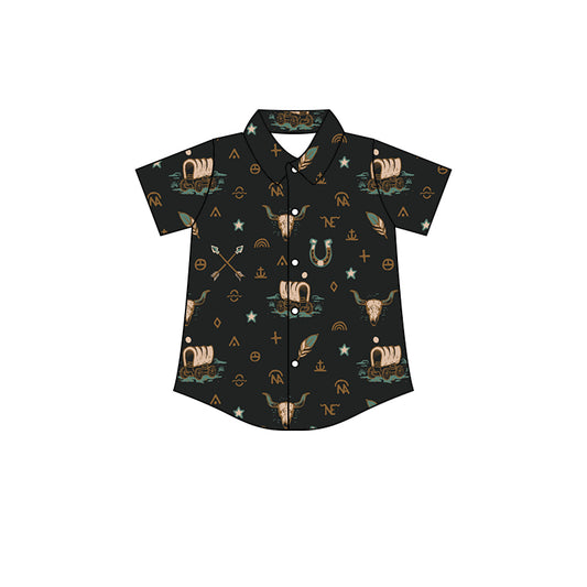 Short sleeves bull skull arrow kids boys button down shirt