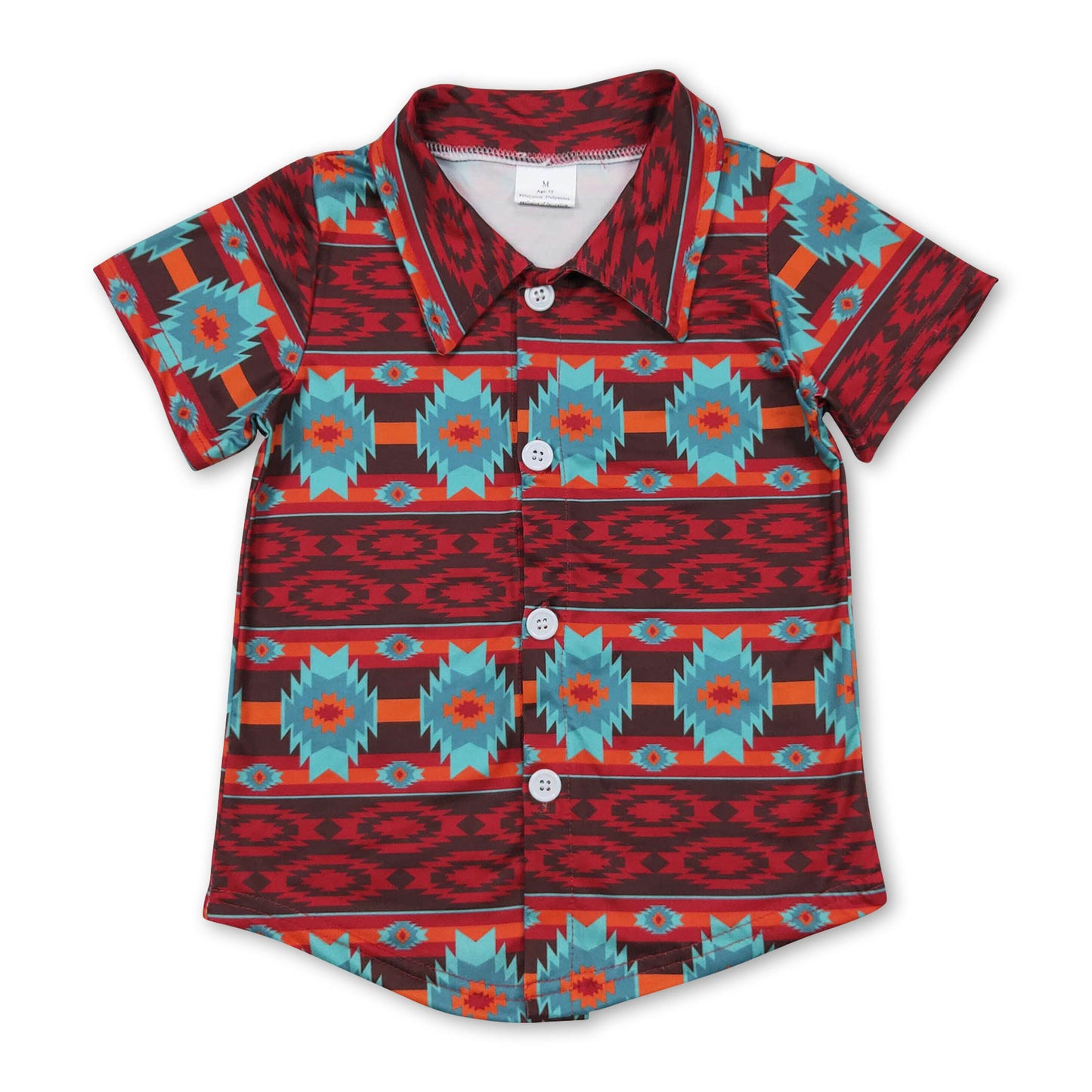 Turquoise red aztec kids boys button down shirt