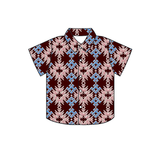 Brown blue aztec kids boys button down shirt