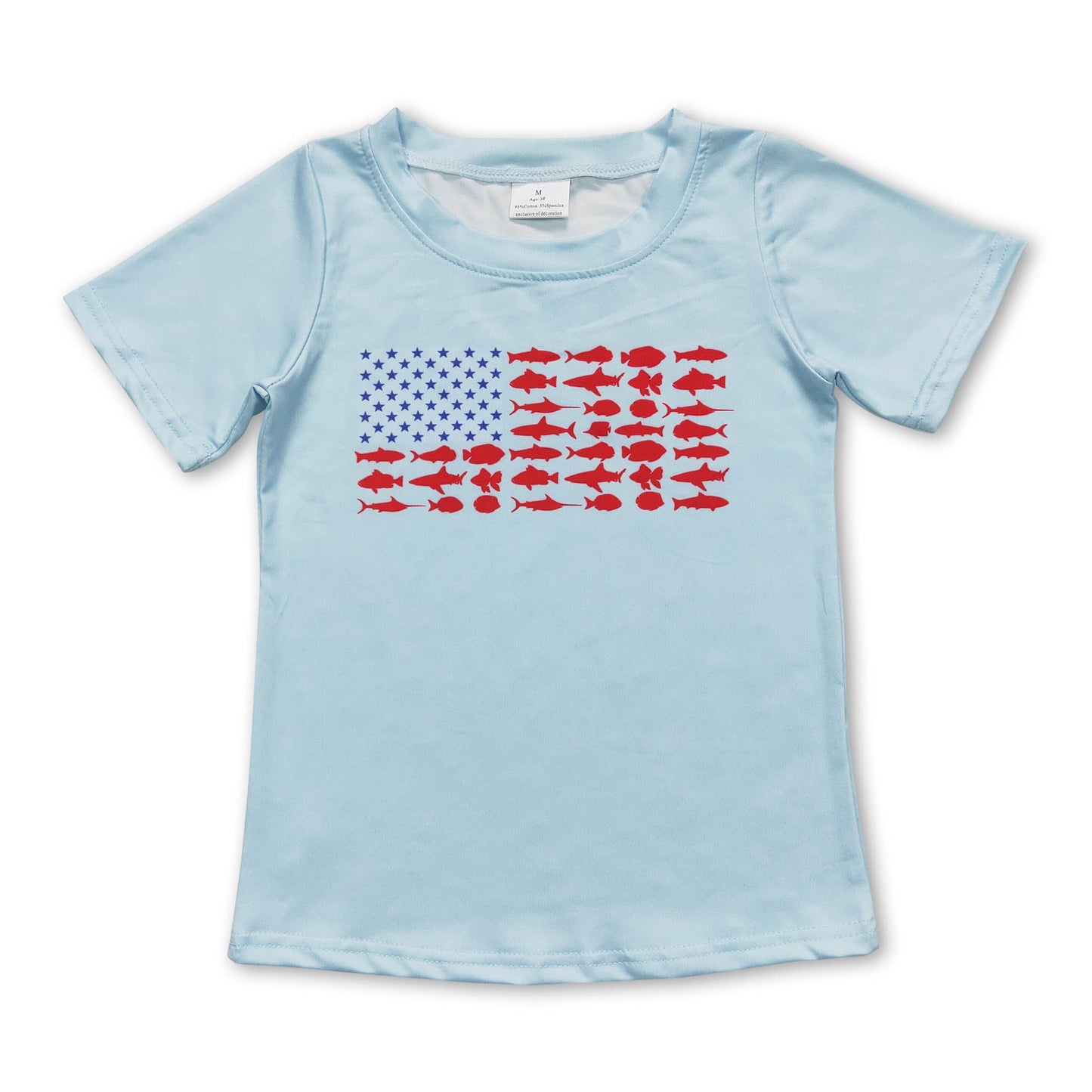 Short sleeves stars fish flag boys 4th of july shirt