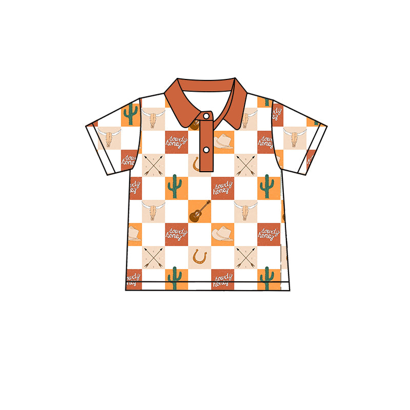 Howdy honey cactus bull skull plaid boys polo shirt