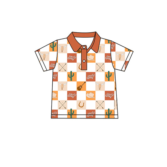 Howdy honey cactus bull skull plaid boys polo shirt