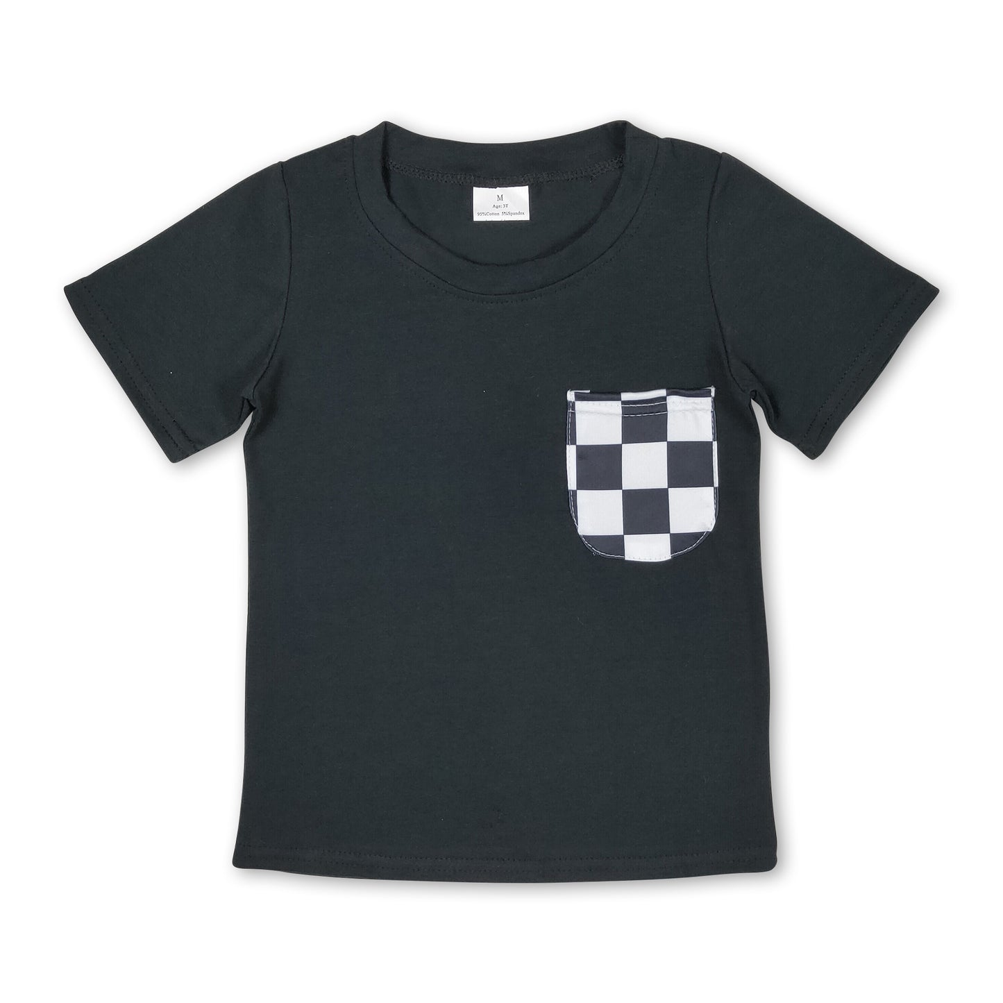 Black plaid pocket short sleeves kids boys top