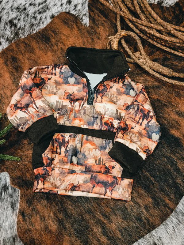 Long sleeves cactus highland cow pocket kids pullover