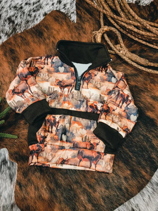 Long sleeves cactus highland cow pocket kids pullover