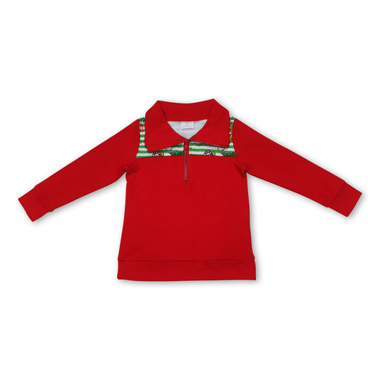 Red long sleeves stripe green face boys Christmas pullover