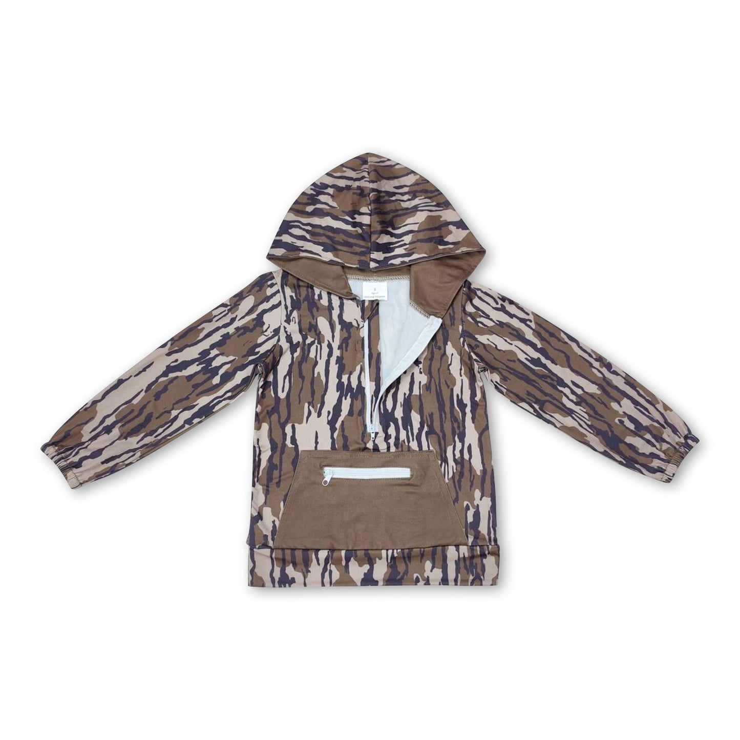 Long sleeves olive camo pocket zipper boys hoodie