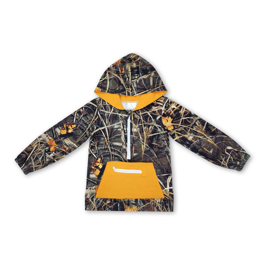 Long sleeves yellow camo pocket zipper boys hoodie