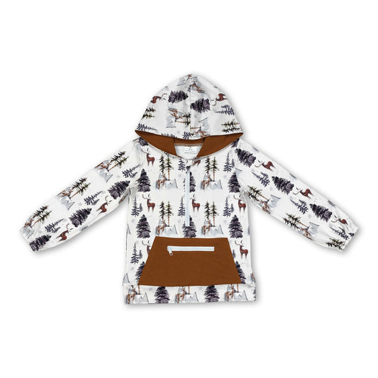 Long sleeves brown deer tree pocket zipper boys hoodie