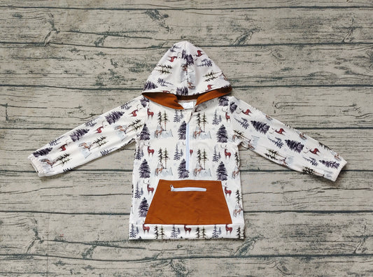 Long sleeves brown deer tree pocket zipper boys hoodie