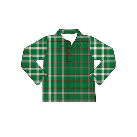 Long sleeves green plaid kids boys Christmas polo shirt