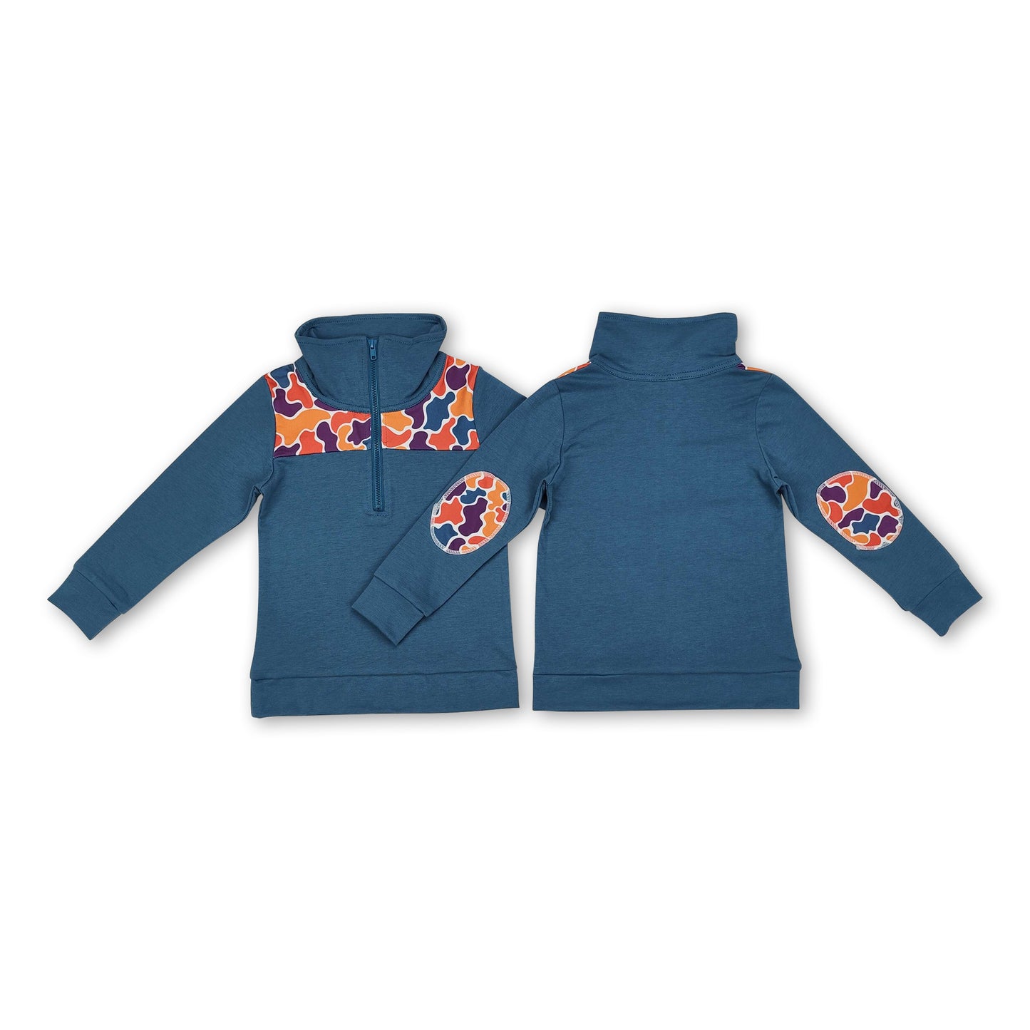 Blue long sleeves camo kids boys zipper pullover