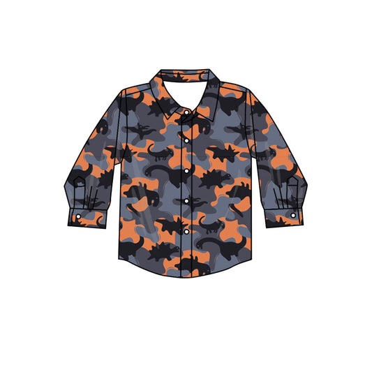 Orange dinosaur camo kids boys button down shirt