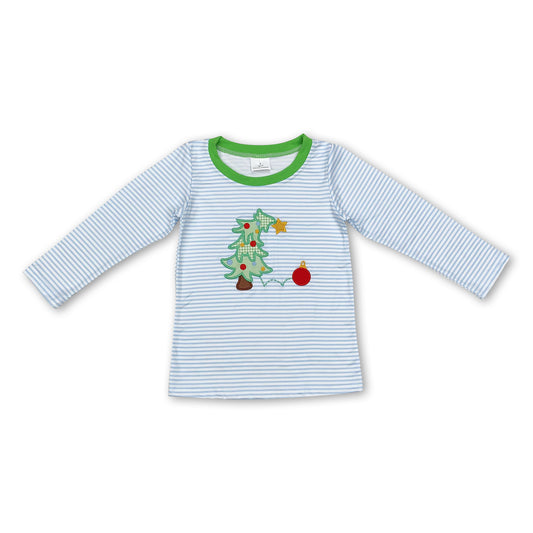 Blue stripe long sleeves Christmas tree kids boys shirt