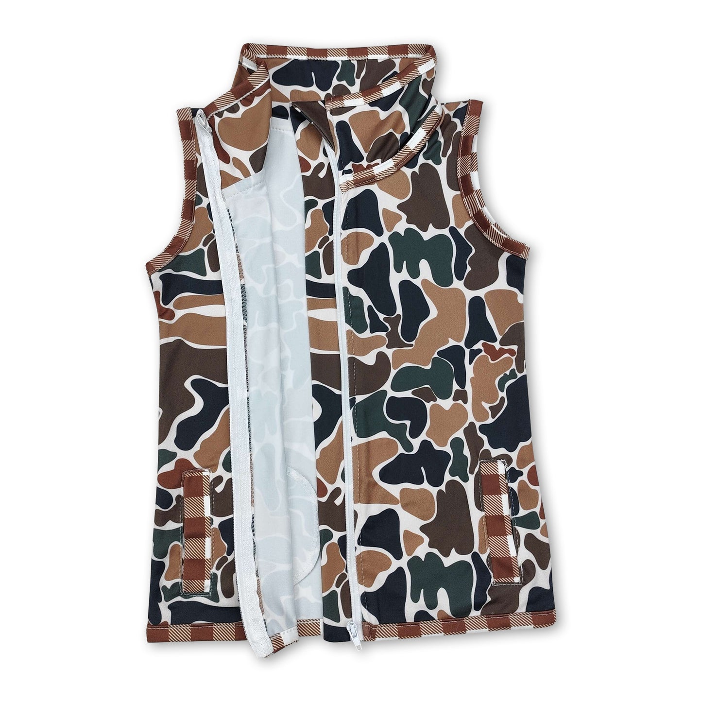 Sleeveless camo pockets baby boy hunting zip vest