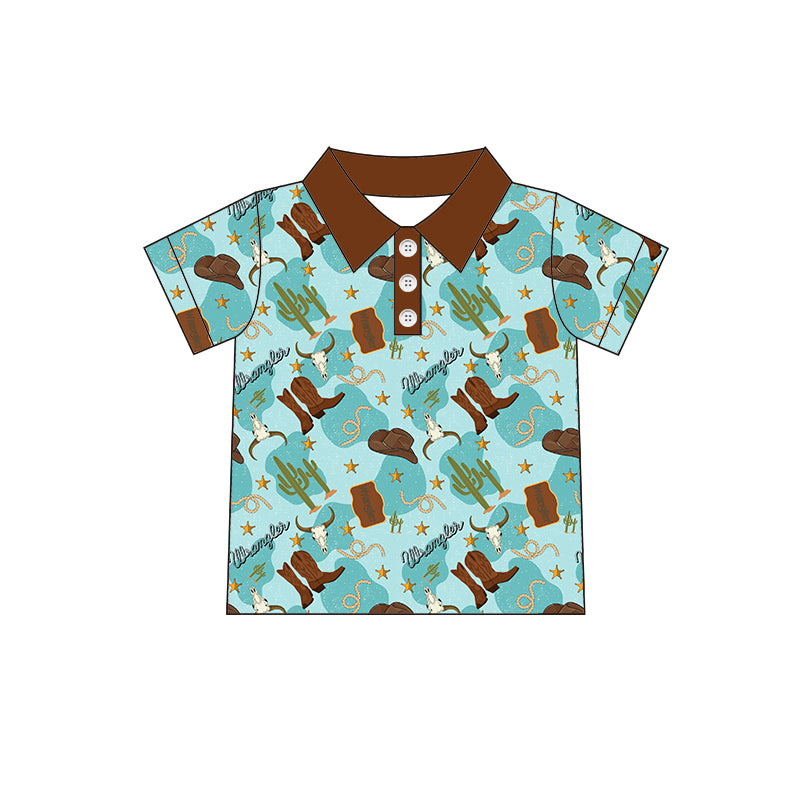 Short sleeves bull skull boots cactus western boys polo shirt