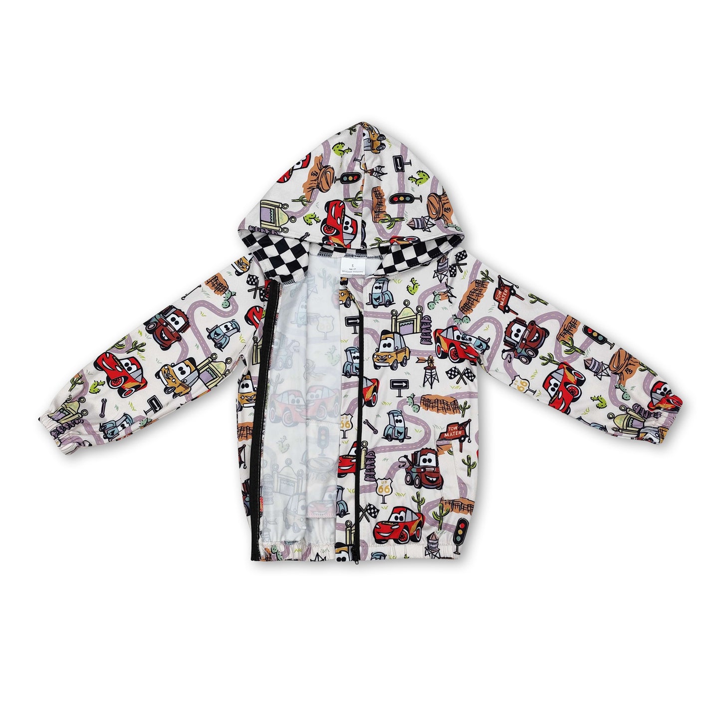 Long sleeves cars kids boys plaid hooded zipper jacket