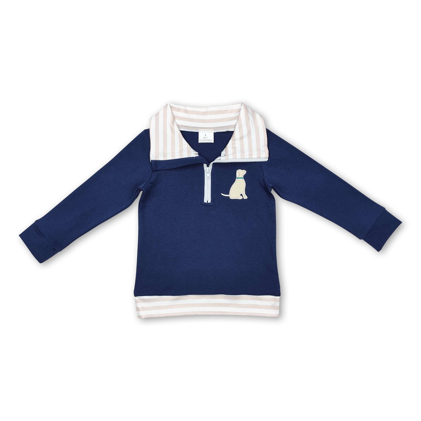 Long sleeves navy stripe dog kids boys zip pullover