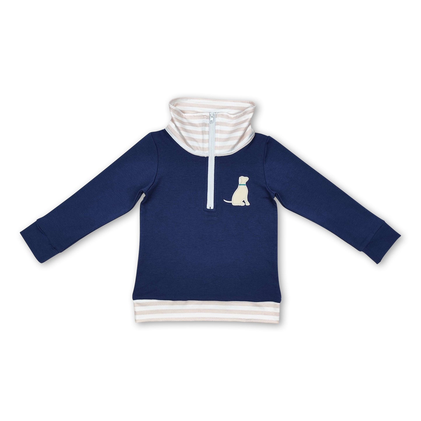 Long sleeves navy stripe dog kids boys zip pullover